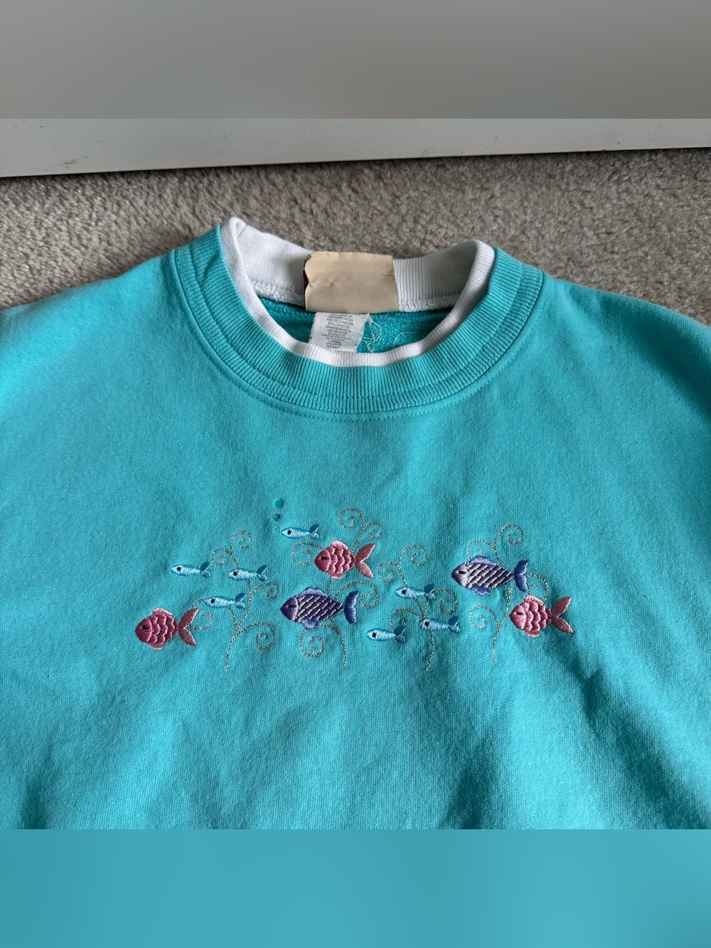 Top Stitch by Morning Sun Women’s Vintage Double Collar Fish Aqua Crewneck